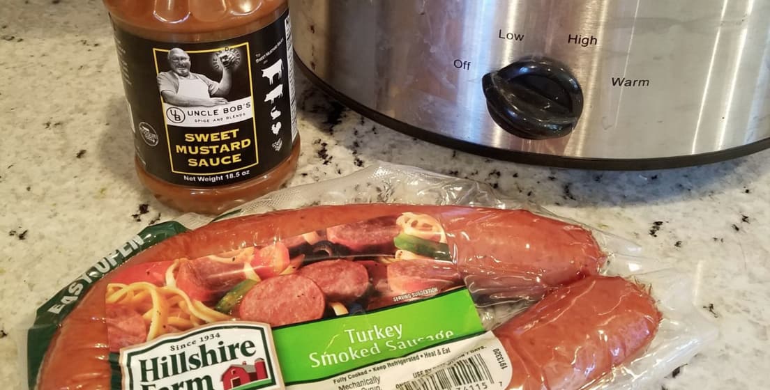 Uncle Bob’s recipe for crock pot Sweet Mustard turkey kielbasa bites.